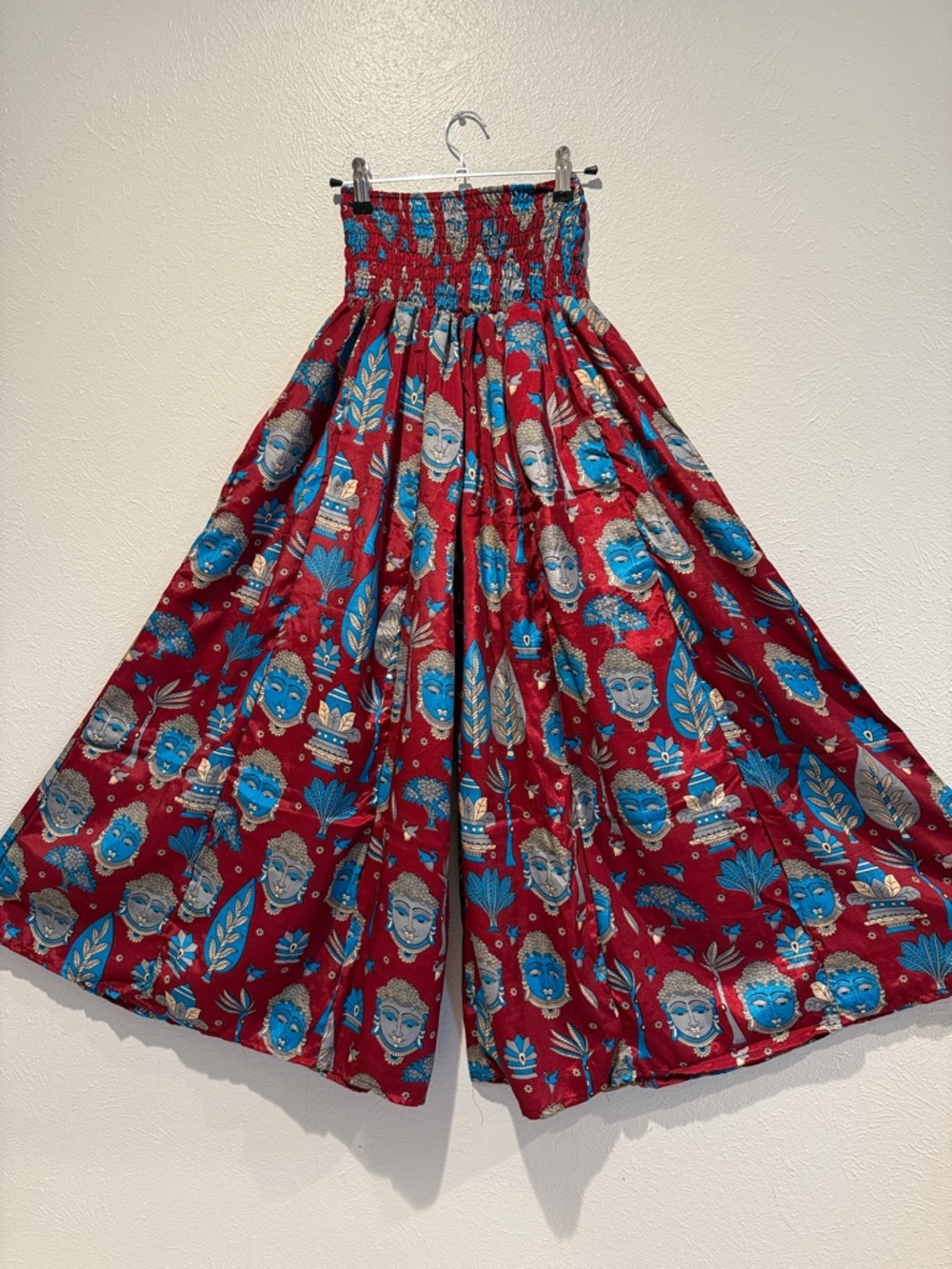 DELHICIOUS-Smocked Waist. Wide Leg Silk/Viscose Pants in Red with Blue Print